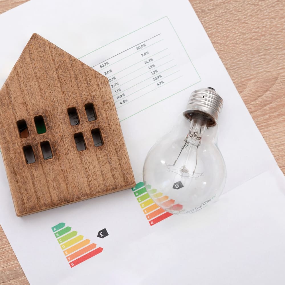 Energieeffizienzskala auf einem Blatt, daneben ein Hausmodell aus Holz