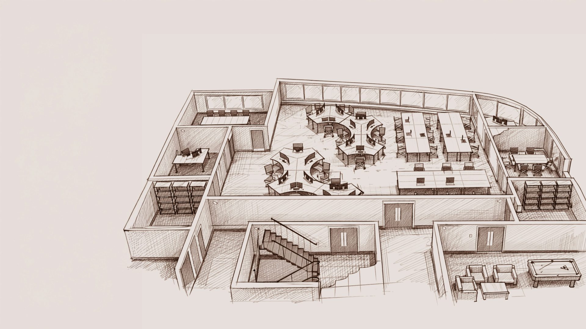 Architektonische Zeichnung des Grundrisses eines modernen Büroinnenraums